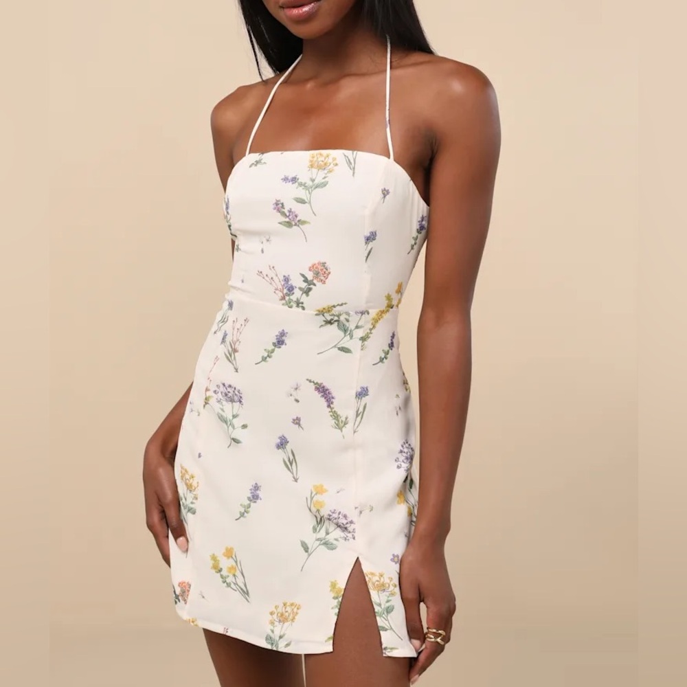 Catch the Bouquet Cream Floral Halter Lace-Up Mini Dress